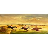 19TH CENTURY SCHOOL Naive study of a steeplechase Oil on canvas Indistinctly signed and dated