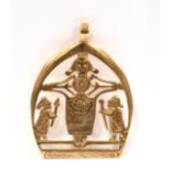 A 9CT GOLD PENDANT the pendant of openwork design depicting two figurines and a deity, hallmarked
