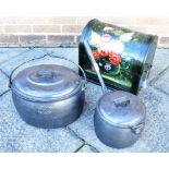 A DOME TOP TRUNK WITH BARGEWARE STYLE FLORAL DECORATION a four gallon oval lidded pot, and another