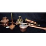 A COLLECTION OF BRASS AND COPPER WARE including bugle, coaching and hunting horn, Haws watering