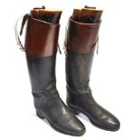 PAIR OF GENTLEMAN'S BLACK AND BROWN LEATHER TO THE TOP RIDING BOOTS with trees, size 9