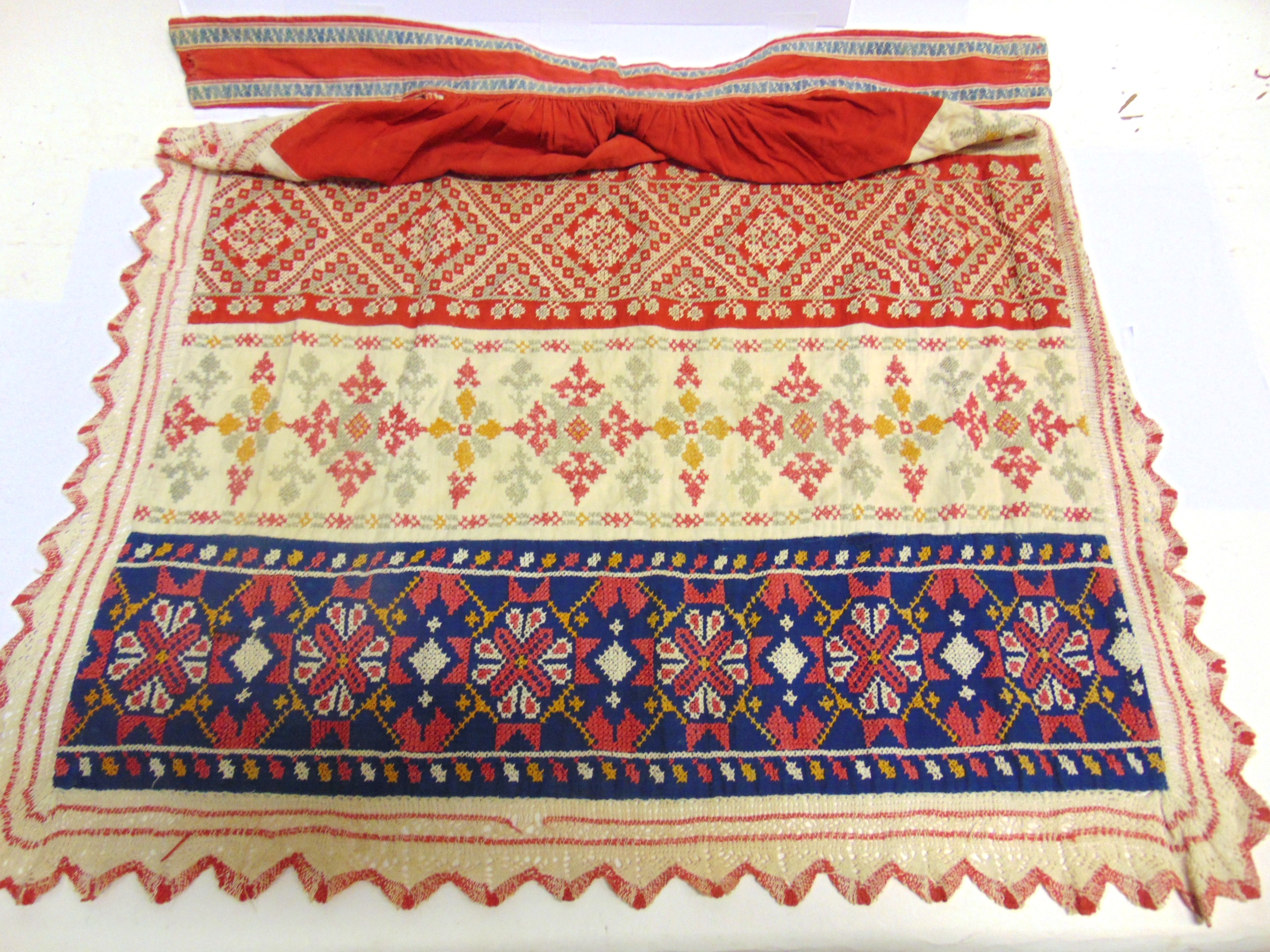 TWO TRADITIONAL EMBROIDERED FOLK APRONS, PROBABLY RUSSIAN early 20th century, one 112cm long, the - Image 3 of 3