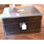 COROMANDEL DRESSING TABLE BOX containing five glass bottles each with silver plated tops , H 18cm