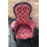 VICTORIAN UPHOLSTERED BUTTON BACK ARMCHAIR raised on casters, H 109cm