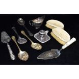A MISCELLANEOUS COLLECTION OF ITEMS to include EPNS glass and metal and two ivory backed clothes