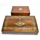A VICTORIAN ROSEWOOD WRITING BOX OR LAP DESK with mother-of-pearl inlaid decoration, hinged sloped