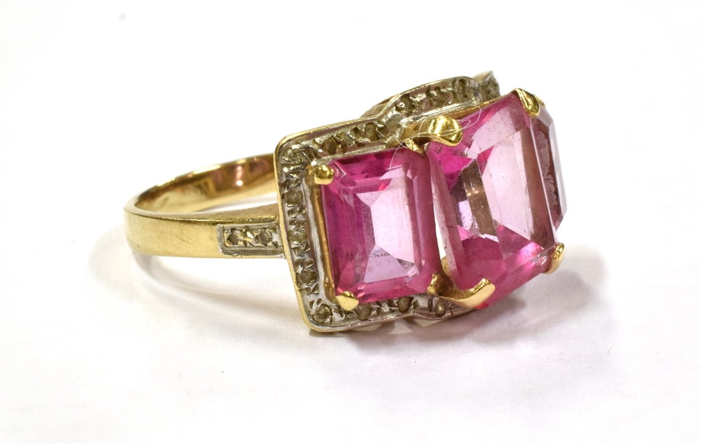 A PINK SPINEL TRIPLE STONE COCKTAIL RING the central spinel measuring approx. 1cm by 0.8cm, - Image 2 of 3