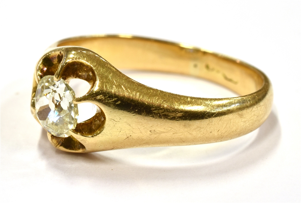 AN OLD CUT DIAMOND SET 18CT GOLD RING the buttercup claw set front comprising a cushion shaped old - Image 3 of 5