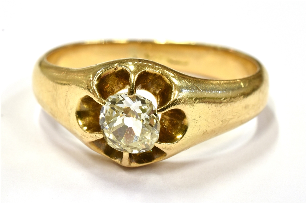 AN OLD CUT DIAMOND SET 18CT GOLD RING the buttercup claw set front comprising a cushion shaped old - Image 5 of 5
