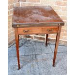 MAHOGANY AND INLAID ENVELOPE CARD TABLE with single frieze drawer and raised on four square tapering
