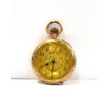 A 9CT GOLD OPEN-FACED POCKET WATCH the dial decorated with central gilt floral design, Arabic
