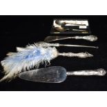 A COLLECTION OF SILVER AND SILVER HANDLED ITEMS comprising a Victorian silver handled feather