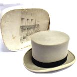 A GREY BRUSHED FELT TOP HAT BY HILHOUSE & CO., LONDON internal circumference approximately 57cm,