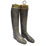 PAIR OF GENTLEMAN'S BLACK LEATHER TOP RIDING BOOTS with trees bearing a plaque to the top for Rowell