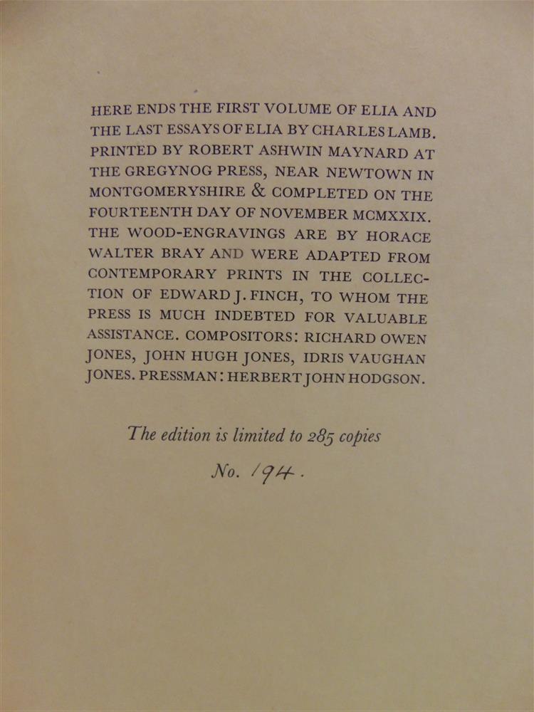 [CLASSIC LITERATURE]. PRIVATE PRESS Lamb, Charles. Elia and The Last Essays of Elia, two volumes, - Image 2 of 2