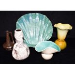 A COLLECTION OF BRETBY ART POTTERY comprising shell shape dish pattern 2723, copper effect vase
