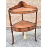 MAHOGANY CORNER TWO TIERED STAND with raised back and the central drawer flanked by two faux