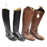 PAIR OF BLACK LEATHER RIDING BOOTS together with another pair in brown leather, both size 6