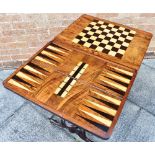 VICTORIAN GAMES/SEWING TABLE the foldout top revealing the games top for backgammon, chess and