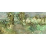 20TH CENTURY SCHOOL Stylised landscape scene Oil on board 29cm x 59cm Condition Report : dirty,