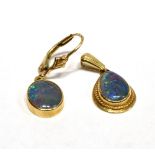 A 9CT GOLD OPAL PENDANT and a 9ct gold single opal earring, the opal triplet pendant measuring