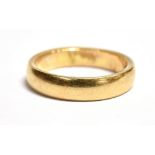 A 9CT GOLD WEDDING BAND The band width measuring 4mm, faded hallmarks, ring size O, weight 4.1g.