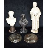 A GROUP OF SCULPTURES, COMPRISING: bronze bust of Queen Victoria on marble socle 20cm high, two oval