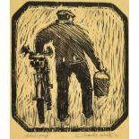 CHARLES WHITE (WELSH, 1928-1997) Man with Bicycle Linocut, Artists Proof Signed in pencil and