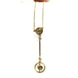 AN EARLY 20TH CENTURY 9CT GOLD, DIAMOND AND AMETHYST PASTE SET DOUBLE PENDANT DROP NECKLACE The