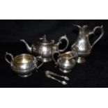 A FOUR PIECE JOHN ROUND & SON SILVER PLATED TEA SERVICE and a pair of plated sugar tongs