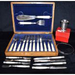 A COLLECTION OF SILVER PLATED WARES to include a silver neck torque, and a wooden cased set of