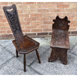 19TH CENTURY SPINNING CHAIR the back profusely carved, H 76cm, together with a carved stool, H 56cm