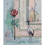 GRETA CONSTANCE DELF LINES (1917-2008) Rose, butterfly and crane Oil on board Signed lower right