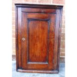 AN OAK WALL HANGING CORNER CUPBOARD with single door and brass escuthcheon and two fitted shelves, H