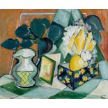 GRETA CONSTANCE DELF LINES (1917-2008) Still Life with jug, card and houseplant Oil on canvas Signed