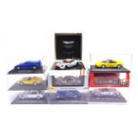 NINE 1/43 SCALE DIECAST MODEL CARS each mint or near mint and boxed (Gulf Aston Martin box lid