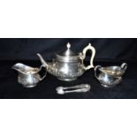 A THREE PIECE WALKER AND HALL SILVER PLATED TEA SERVICE with embossed detail together with a pair of