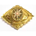 A VICTORIAN SEED PEARL AND PEACH PASTE SET PHOTO BROOCH The yellow metal brooch lozenge shaped and