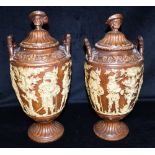 A LARGE PAIR OF VICTORIAN LIDDED URNS relief decorated with Civil war era soldiers holding