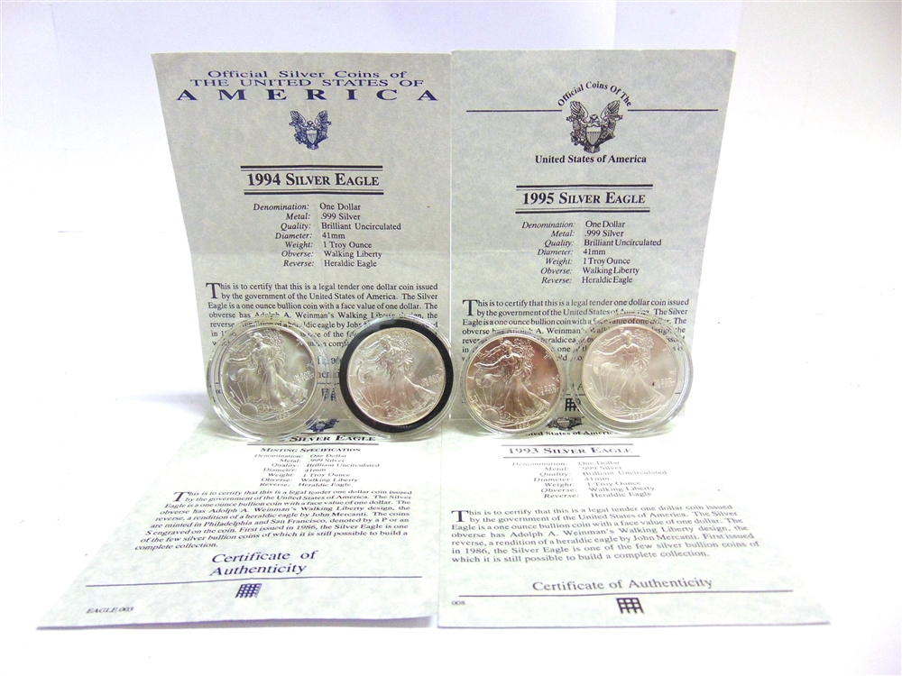 U.S.A. - A SILVER EAGLE COLLECTION comprising those for 1992, 1993, 1994, and 1995, (4).