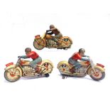 THREE TECHNOFIX TINPLATE MOTORCYCLES each lithographed in lined white, with a racing rider figure,