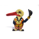 A GELY [GERMANY] TINPLATE TOY STORK with a manual press-plate action causing the bird to raise his