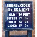 A BEER & CIDER PUBLIC HOUSE TARIFF ENAMEL SIGN with white lettering against a dark blue ground, 58.