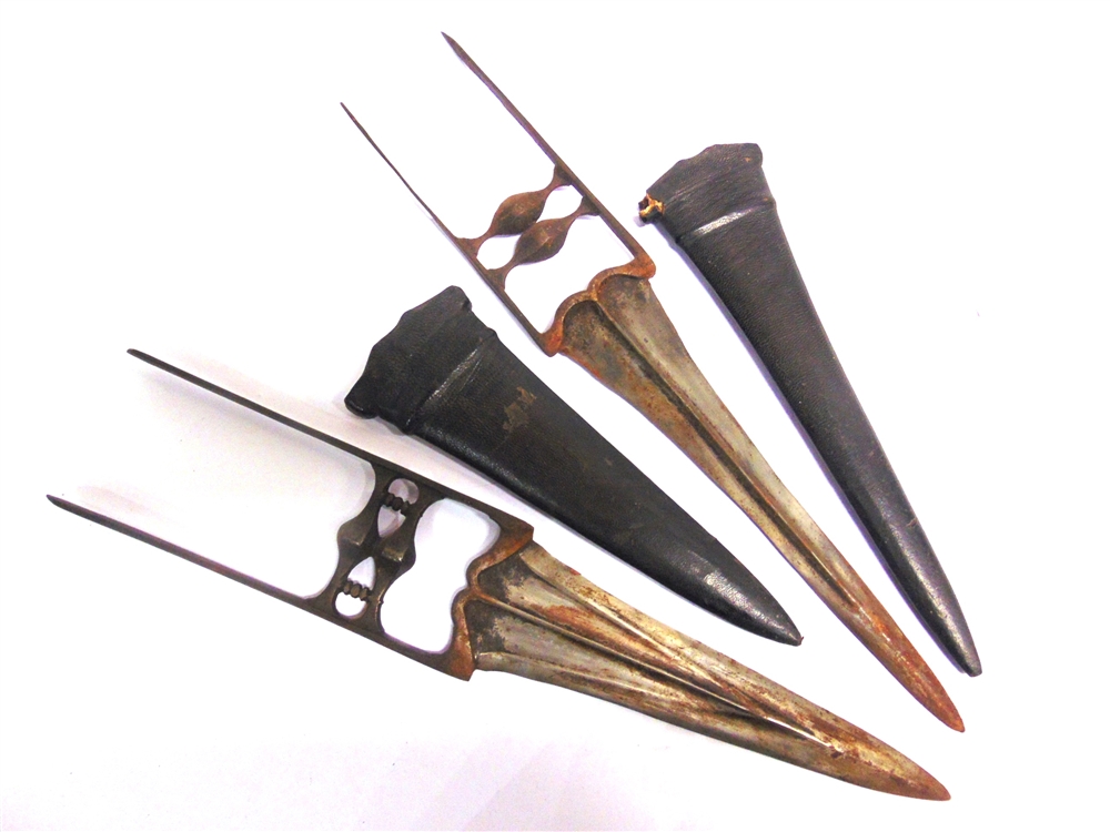 TWO INDIAN KATARS late 19th century, the first with a 22cm double edge steel blade, and an H-