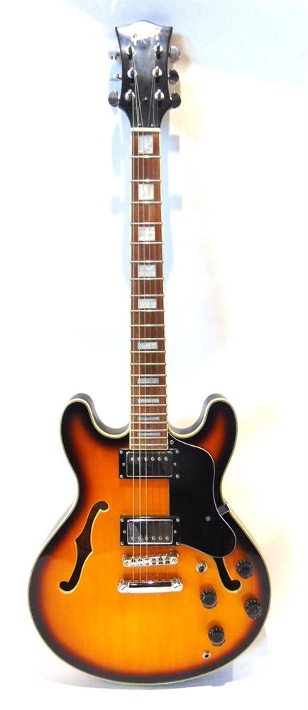 A GIBSON ES335 SLIMLINE ARCHTOP UNBRANDED COPY ELECTRIC GUITAR with a semi-hollow body, in tobacco