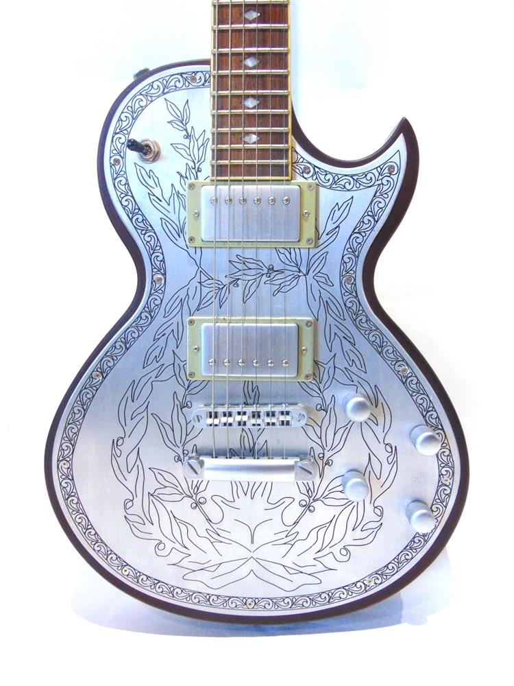 A HUTCHINS RIGHT-HAND ELECTRIC GUITAR, IN THE STYLE OF ZEMAITIS the solid body with an engraved - Image 2 of 3