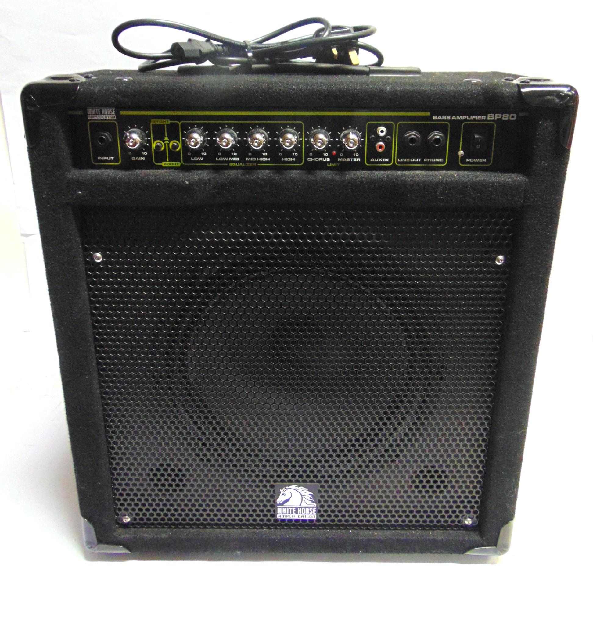 A WHITE HORSE BP80 BASS GUITAR AMPLIFIER with 80 watts output, and digital bass boost control,