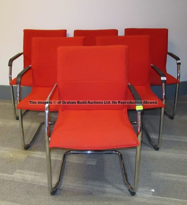 Six matching red upholstered audience chairs from the Press Conference Room at Liverpool Football