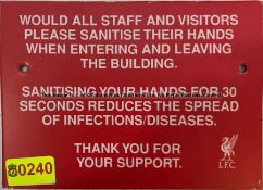 SANITISE HANDS external signage from the Gymnasium Upper Level at Liverpool Football Club's