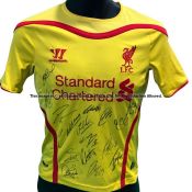 Boys' medium size team signed Liverpool FC replica yellow away jersey season 2014-15, short-sleeved,